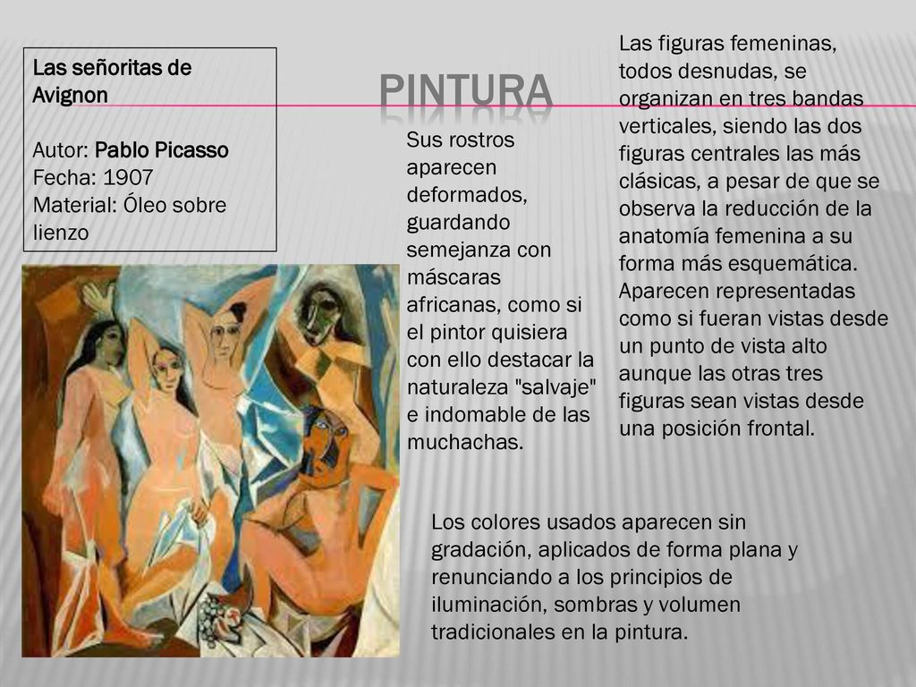Las figuras femeninas, todos desnudas, se organizan en tres bandas verticales, siendo las dos figuras centrales las más clásicas, a pesar de que se observa la reducción de la anatomía femenina a su forma más esquemática.