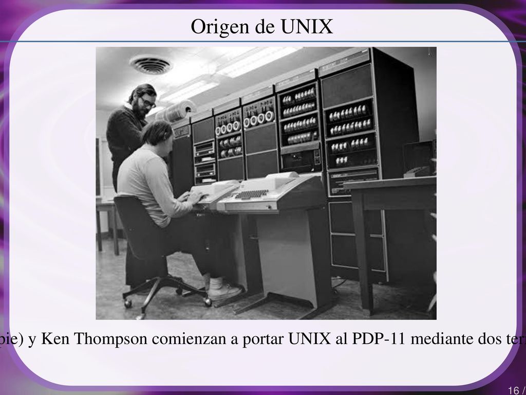 Origen de UNIX Dennis Ritchie (de pie) y Ken Thompson comienzan a portar UNIX al PDP-11 mediante dos terminales Teletype 33.