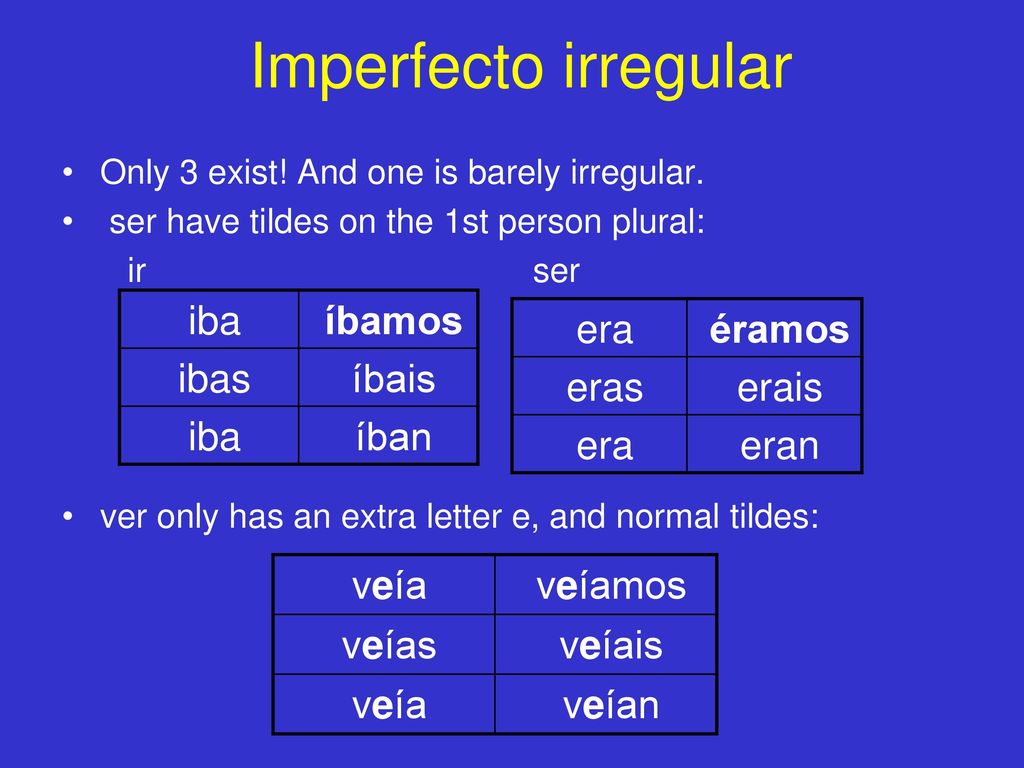 Imperfecto irregular iba íbamos ibas íbais íban era éramos eras erais