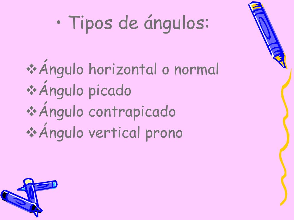 Tipos de ángulos: Ángulo horizontal o normal Ángulo picado