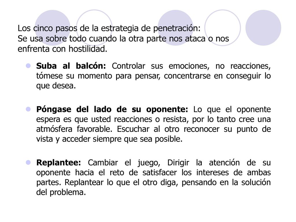 Los cinco pasos de la estrategia de penetración: Se usa sobre todo cuando la otra parte nos ataca o nos enfrenta con hostilidad.