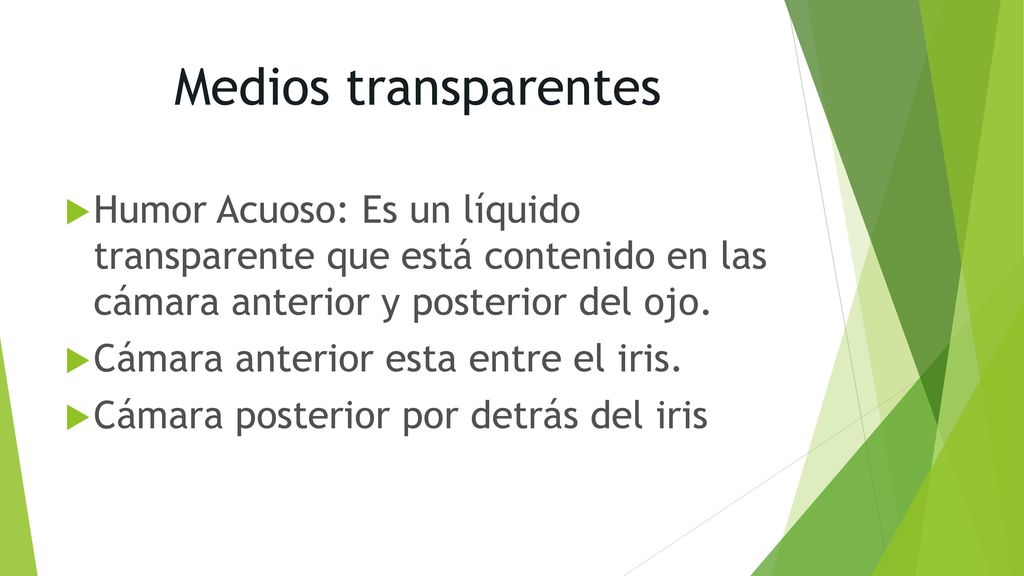 Medios transparentes Humor Acuoso: Es un líquido transparente que está contenido en las cámara anterior y posterior del ojo.