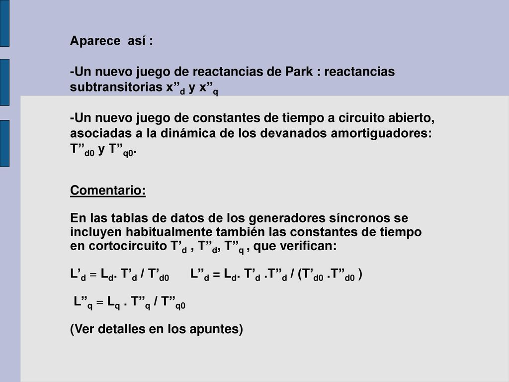 Aparece así : -Un nuevo juego de reactancias de Park : reactancias. subtransitorias x’’d y x’’q.