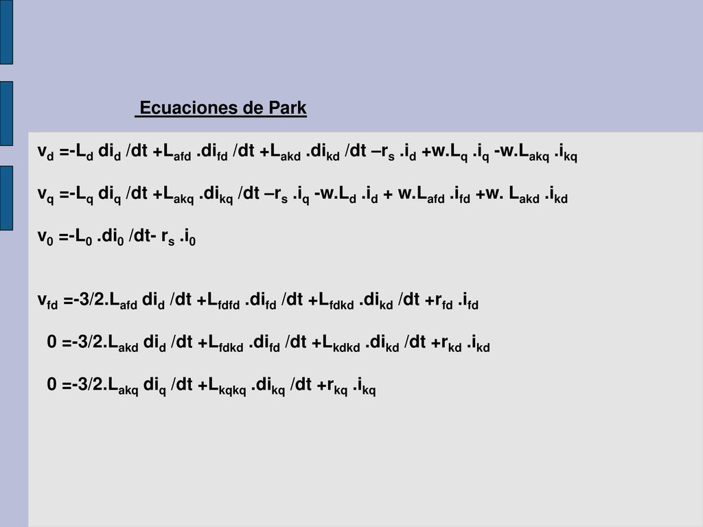 Ecuaciones de Park vd =-Ld did /dt +Lafd .difd /dt +Lakd .dikd /dt –rs .id +w.Lq .iq -w.Lakq .ikq.