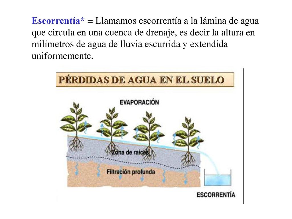 Escorrentía* = Llamamos escorrentía a la lámina de agua que circula en una cuenca de drenaje, es decir la altura en milímetros de agua de lluvia escurrida y extendida uniformemente.