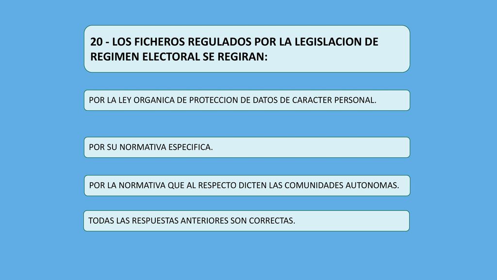 20 - LOS FICHEROS REGULADOS POR LA LEGISLACION DE REGIMEN ELECTORAL SE REGIRAN: