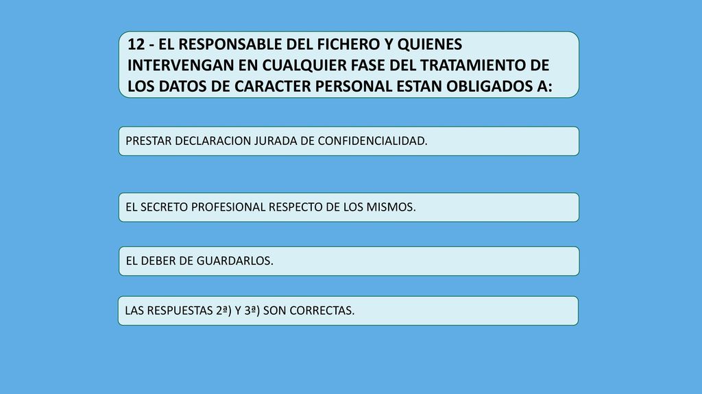 12 - EL RESPONSABLE DEL FICHERO Y QUIENES INTERVENGAN EN CUALQUIER FASE DEL TRATAMIENTO DE LOS DATOS DE CARACTER PERSONAL ESTAN OBLIGADOS A: