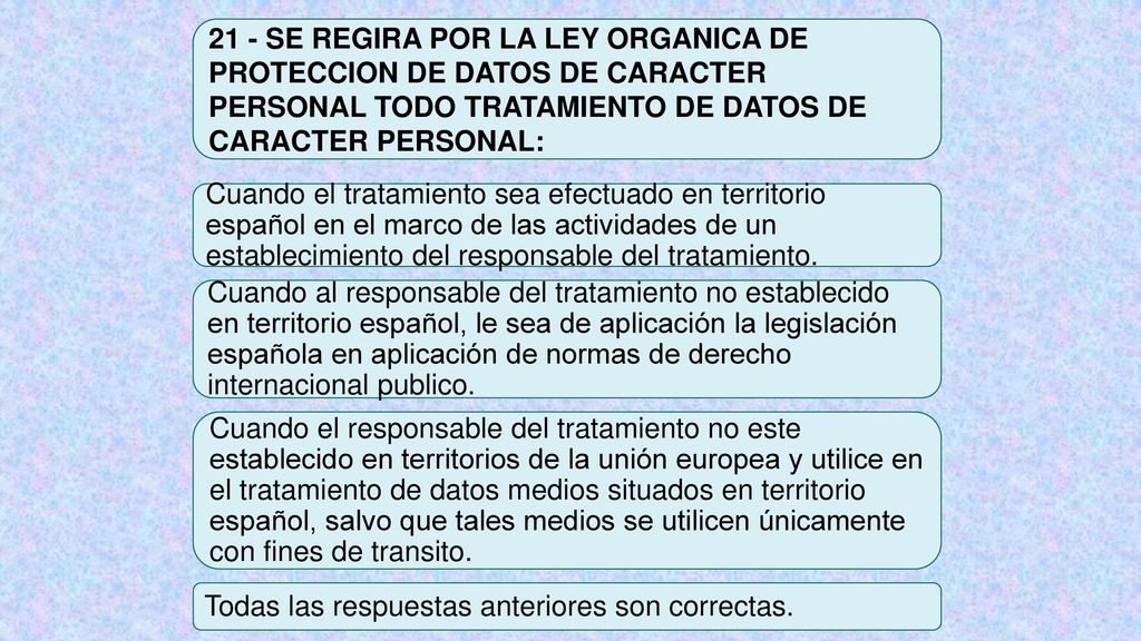 21 - SE REGIRA POR LA LEY ORGANICA DE PROTECCION DE DATOS DE CARACTER PERSONAL TODO TRATAMIENTO DE DATOS DE CARACTER PERSONAL: