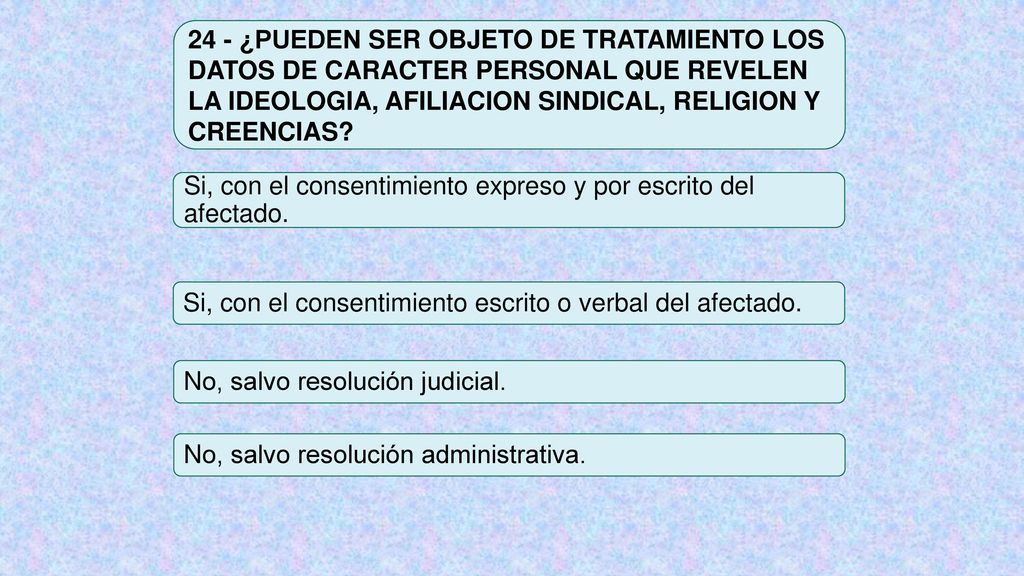 24 - ¿PUEDEN SER OBJETO DE TRATAMIENTO LOS DATOS DE CARACTER PERSONAL QUE REVELEN LA IDEOLOGIA, AFILIACION SINDICAL, RELIGION Y CREENCIAS