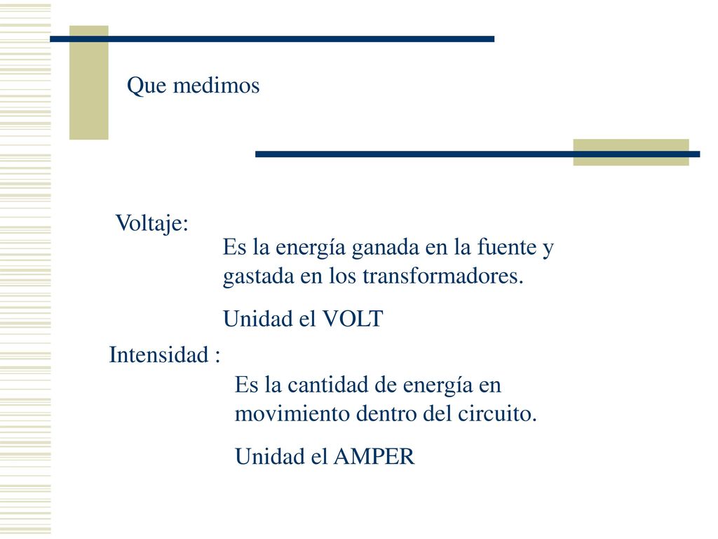 Que medimos Voltaje: Es la energía ganada en la fuente y gastada en los transformadores. Unidad el VOLT.