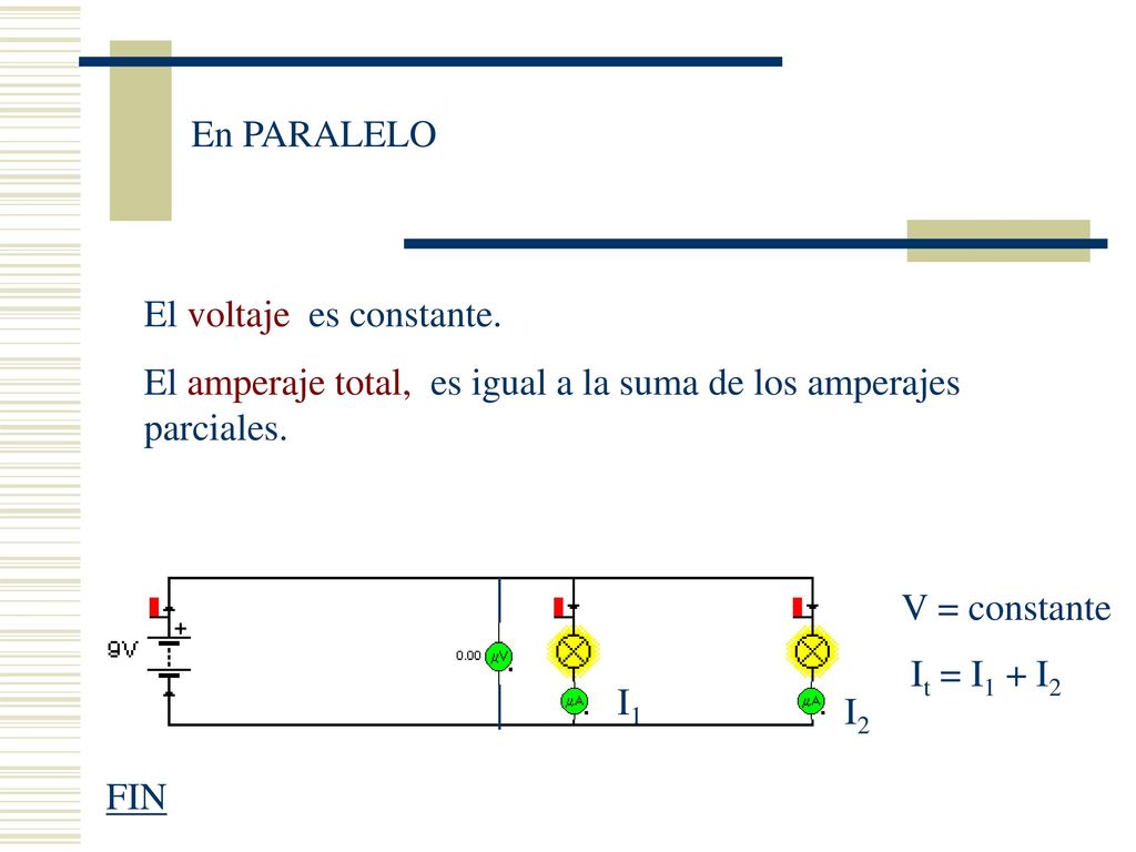 En PARALELO El voltaje es constante. El amperaje total, es igual a la suma de los amperajes parciales.