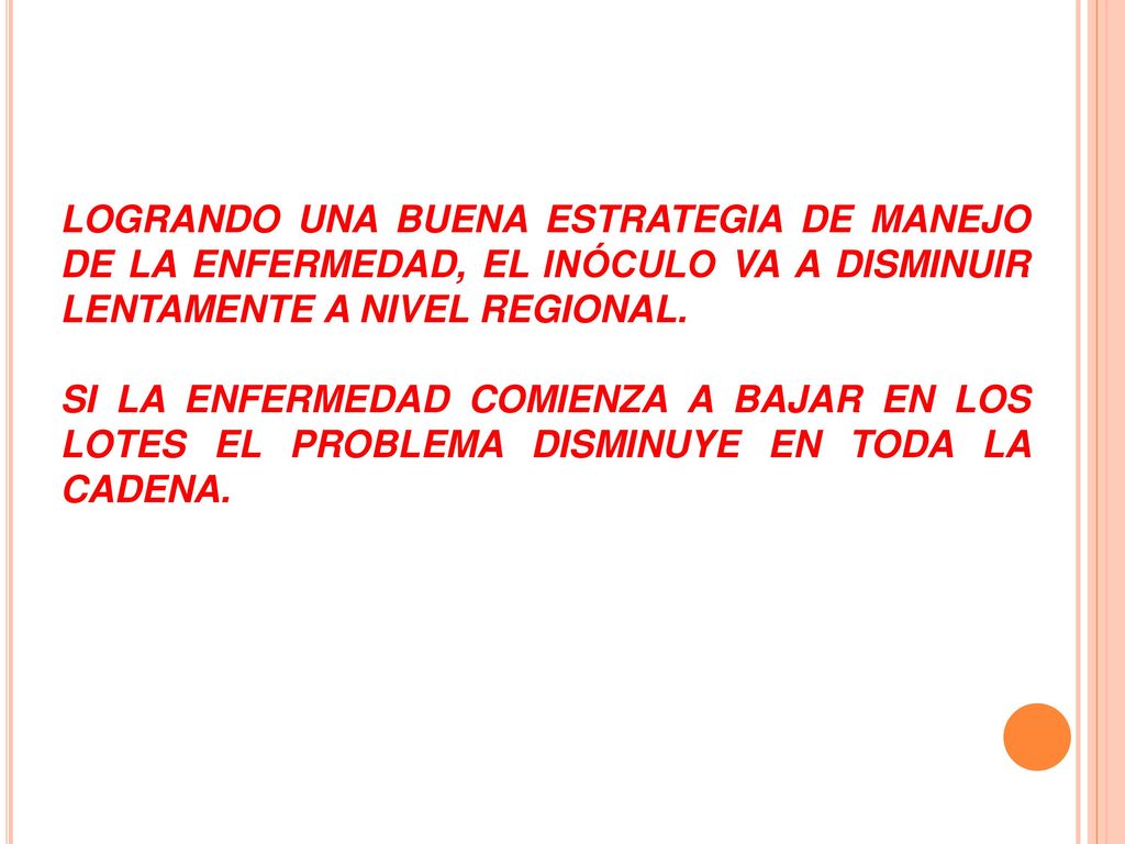 LOGRANDO UNA BUENA ESTRATEGIA DE MANEJO DE LA ENFERMEDAD, EL INÓCULO VA A DISMINUIR LENTAMENTE A NIVEL REGIONAL.