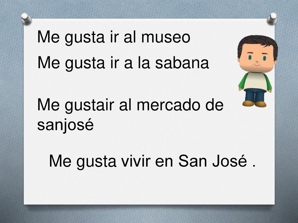 Me gusta ir al museo Me gusta ir a la sabana. Me gustair al mercado de sanjosé.