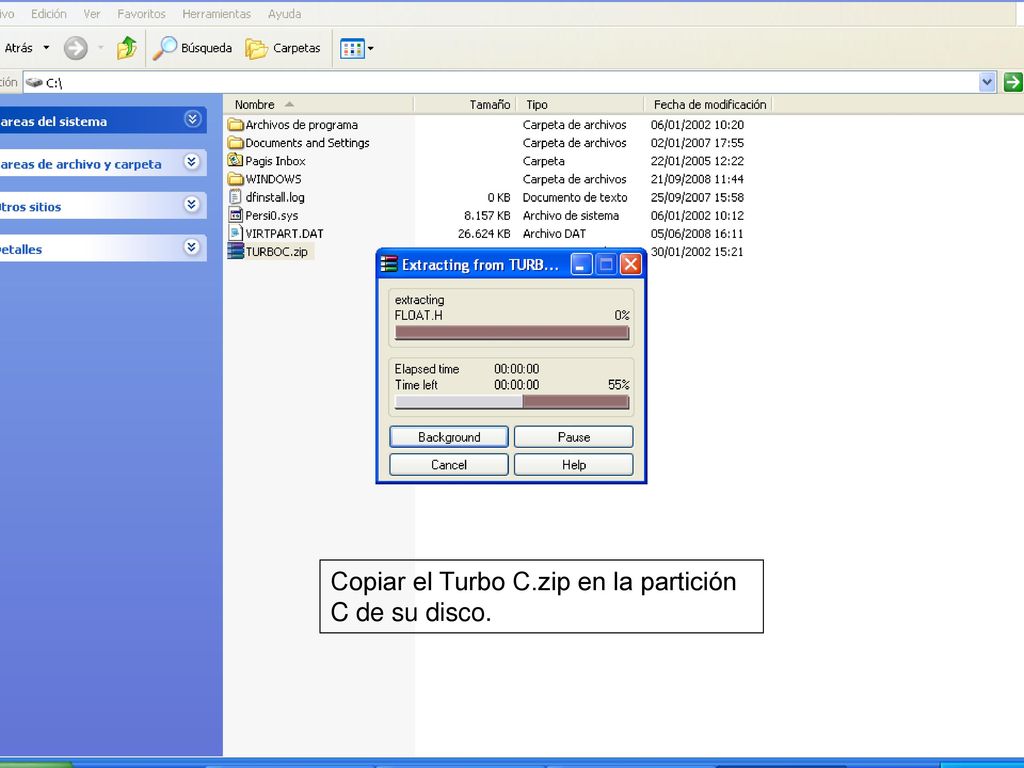 Copiar el Turbo C.zip en la partición C de su disco.