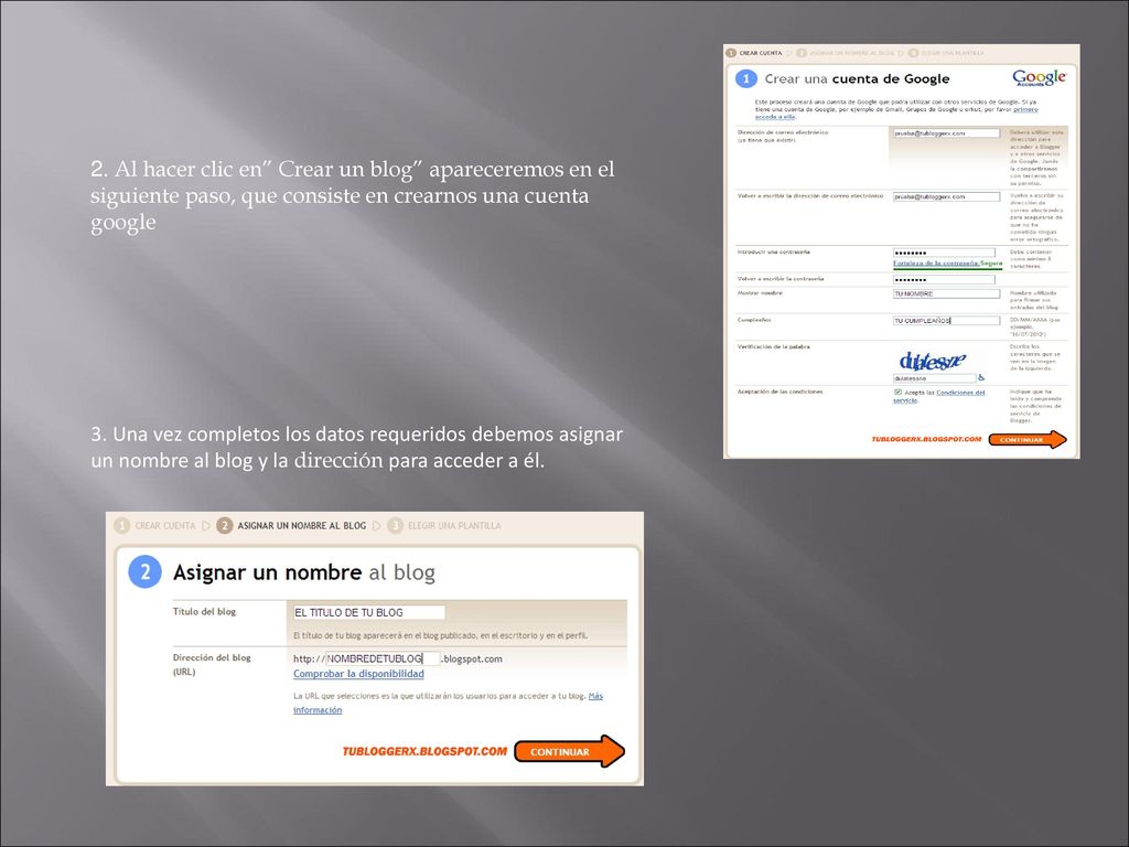 2. Al hacer clic en Crear un blog apareceremos en el siguiente paso, que consiste en crearnos una cuenta google