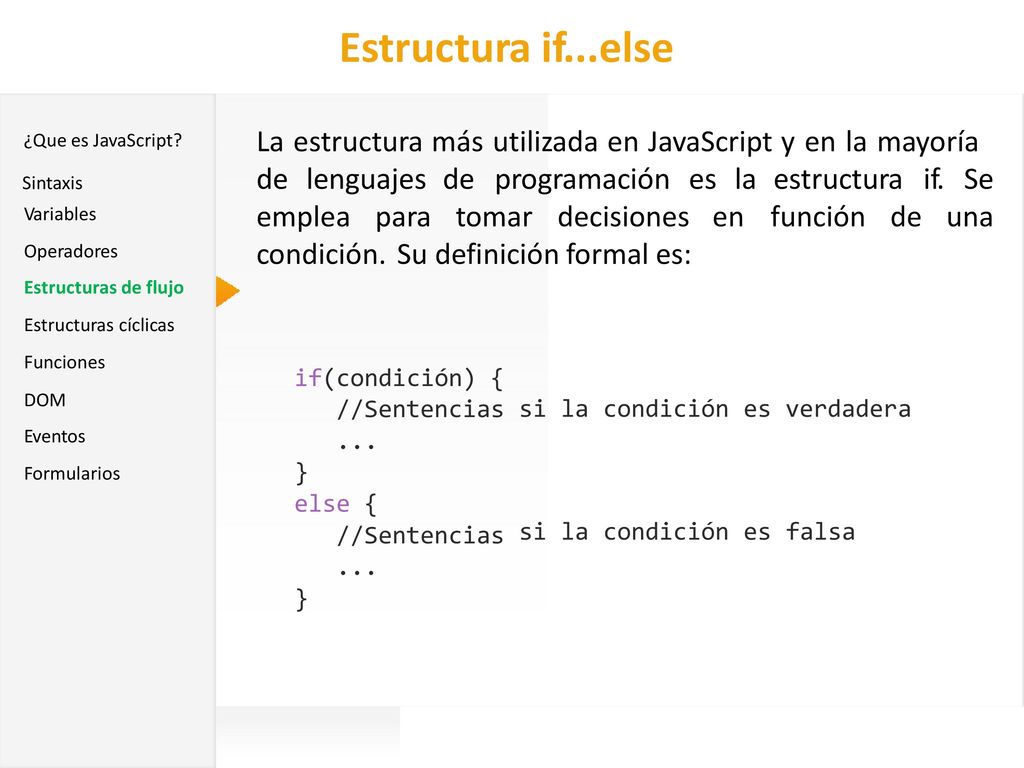 Estructura if...else JavaScript. ¿Que es JavaScript La estructura más utilizada en JavaScript y en la mayoría.