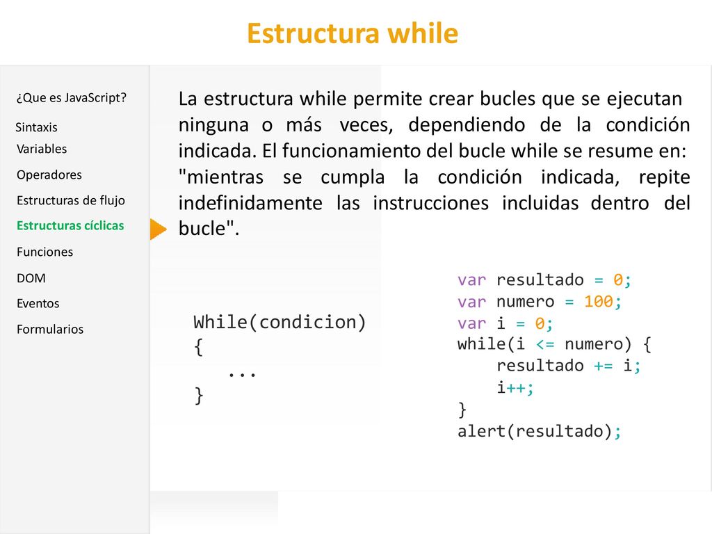 Estructura while JavaScript. ¿Que es JavaScript La estructura while permite crear bucles que se ejecutan.