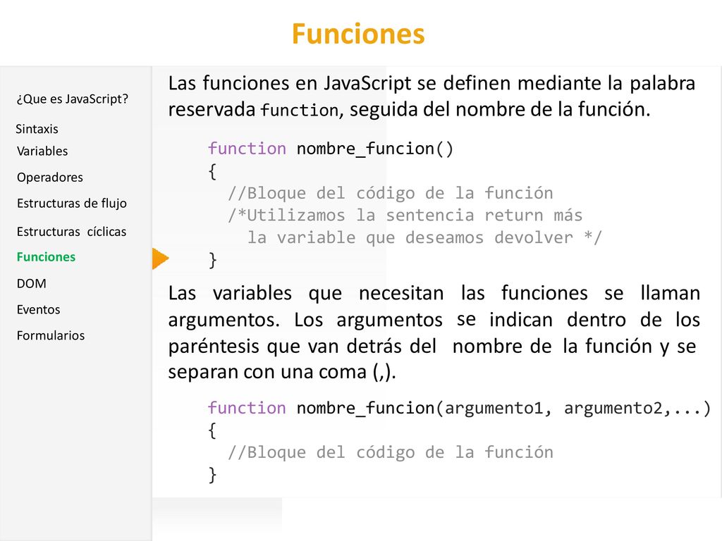 Funciones Las variables que necesitan las se funciones se llaman