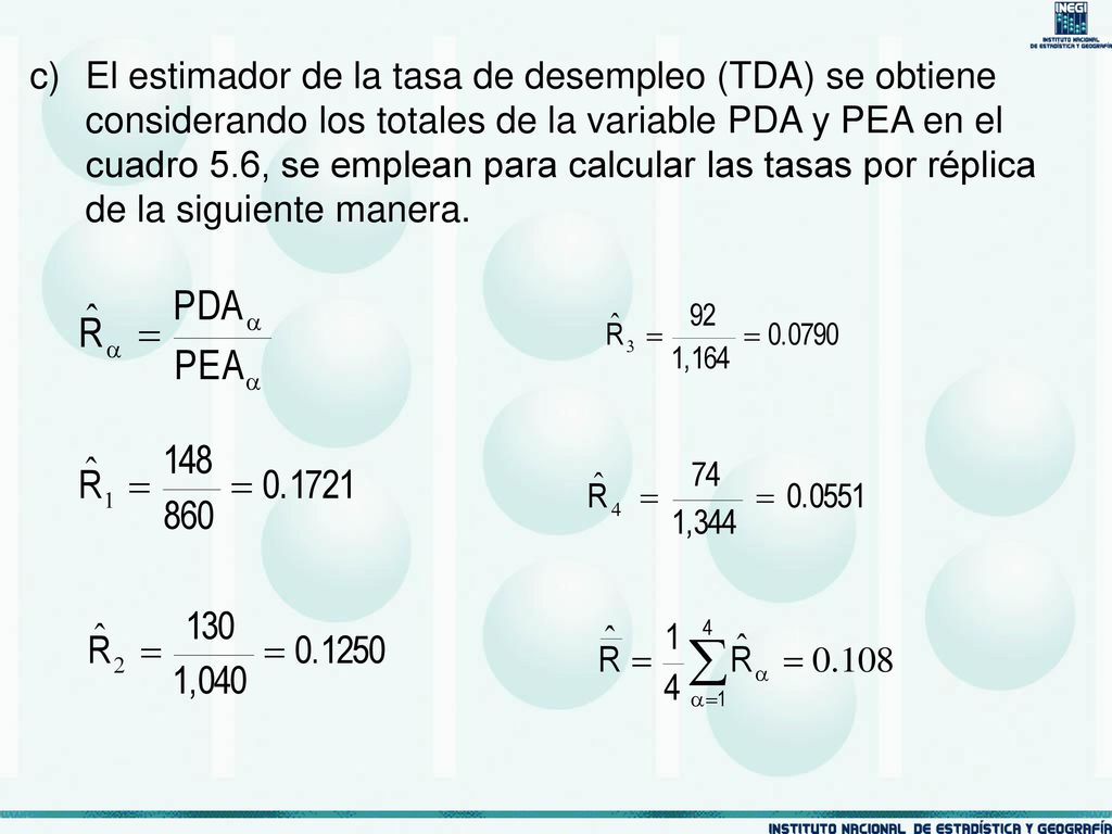 El estimador de la tasa de desempleo (TDA) se obtiene considerando los totales de la variable PDA y PEA en el cuadro 5.6, se emplean para calcular las tasas por réplica de la siguiente manera.