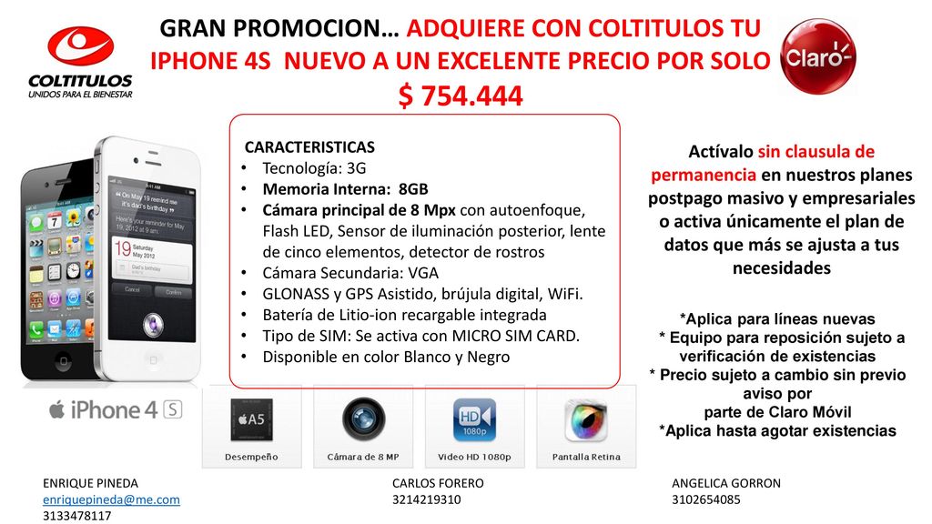 GRAN PROMOCION… ADQUIERE CON COLTITULOS TU IPHONE 4S NUEVO A UN EXCELENTE PRECIO POR SOLO