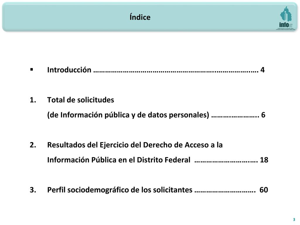 Índice Introducción ……………………………………………………..……………..…. 4. Total de solicitudes. (de Información pública y de datos personales) ……….………….. 6.