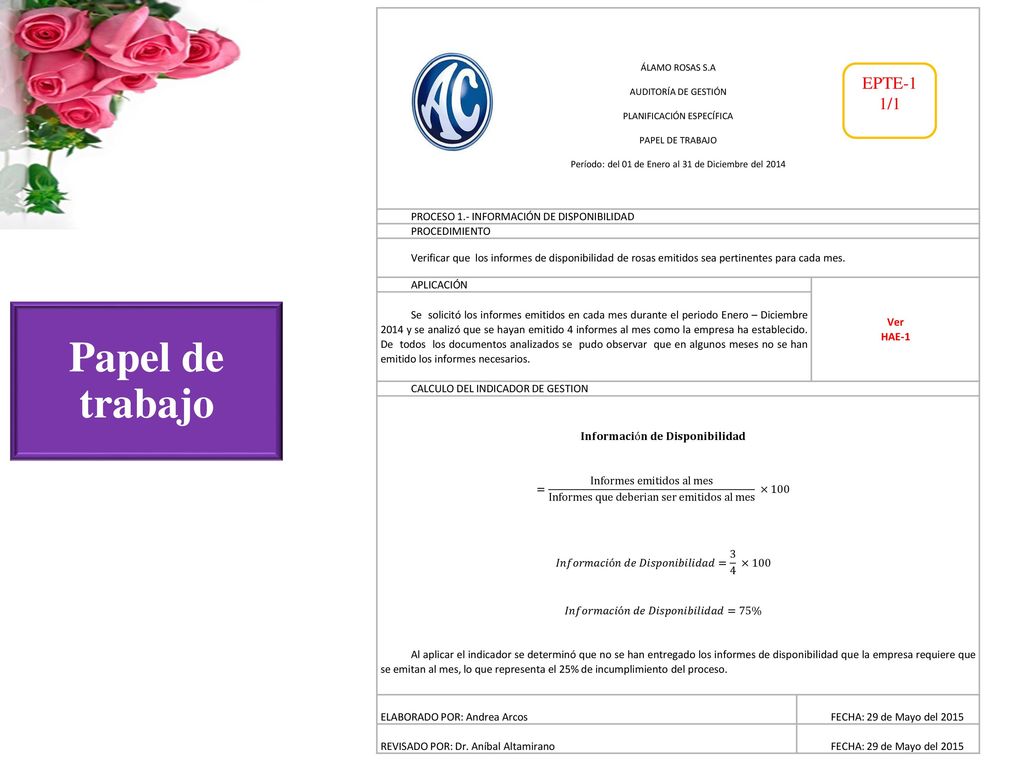 Papel de trabajo EPTE-1 1/1 PROCESO 1.- INFORMACIÓN DE DISPONIBILIDAD