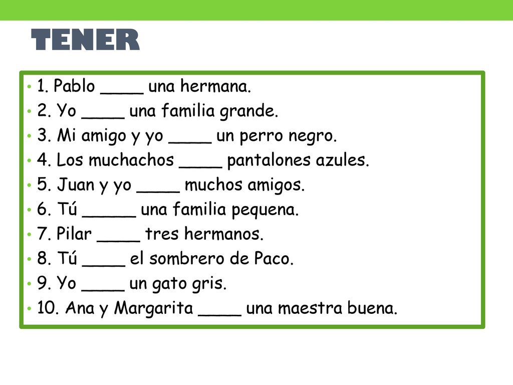 TENER 1. Pablo ____ una hermana. 2. Yo ____ una familia grande.