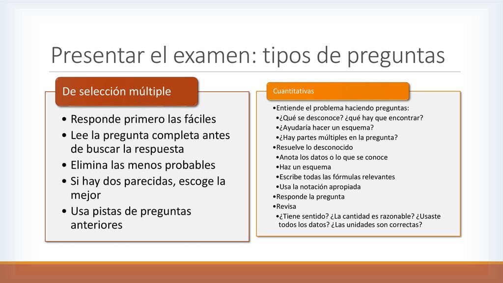 Presentar el examen: tipos de preguntas