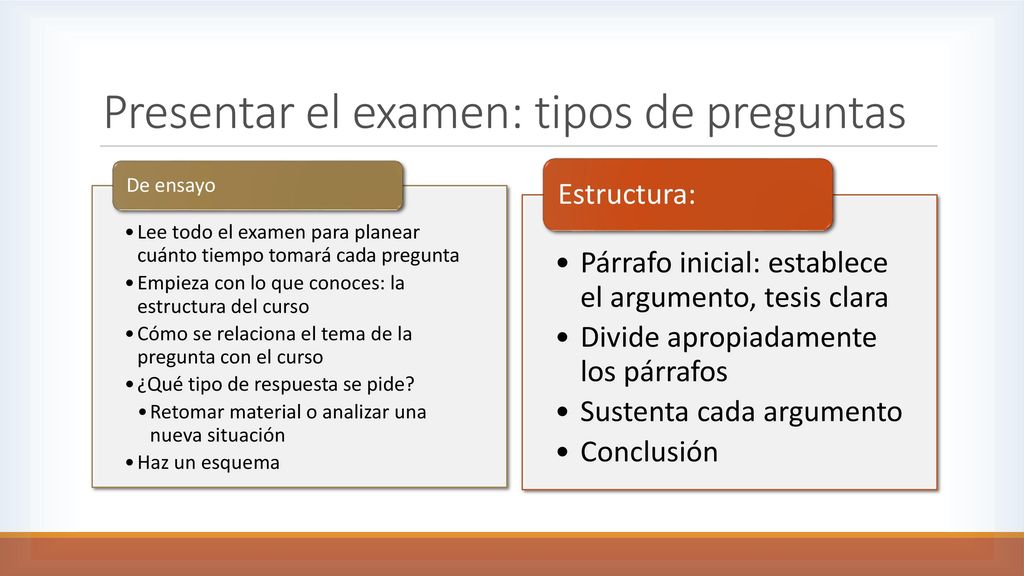 Presentar el examen: tipos de preguntas