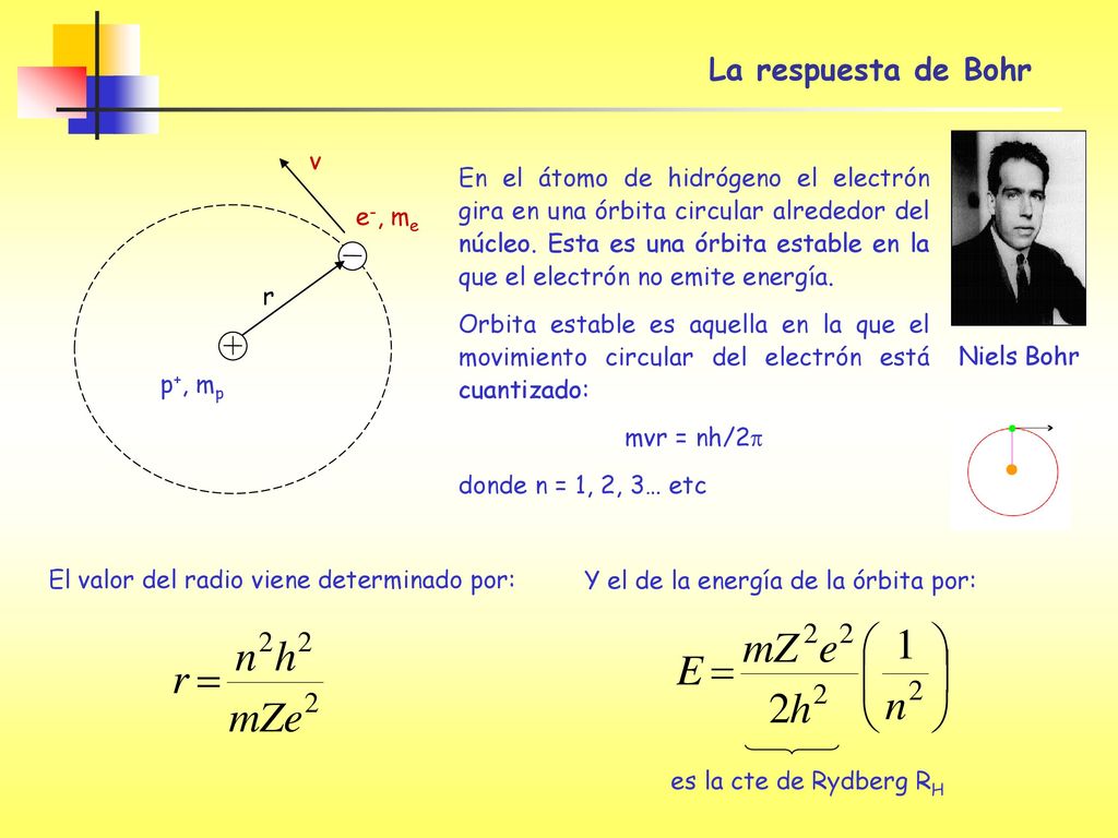 La respuesta de Bohr Niels Bohr e-, me p+, mp r v