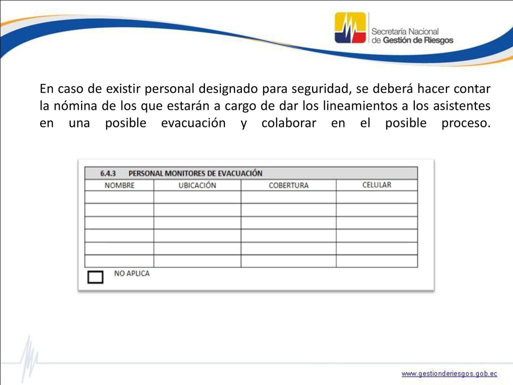 En caso de existir personal designado para seguridad, se deberá hacer contar la nómina de los que estarán a cargo de dar los lineamientos a los asistentes en una posible evacuación y colaborar en el posible proceso.