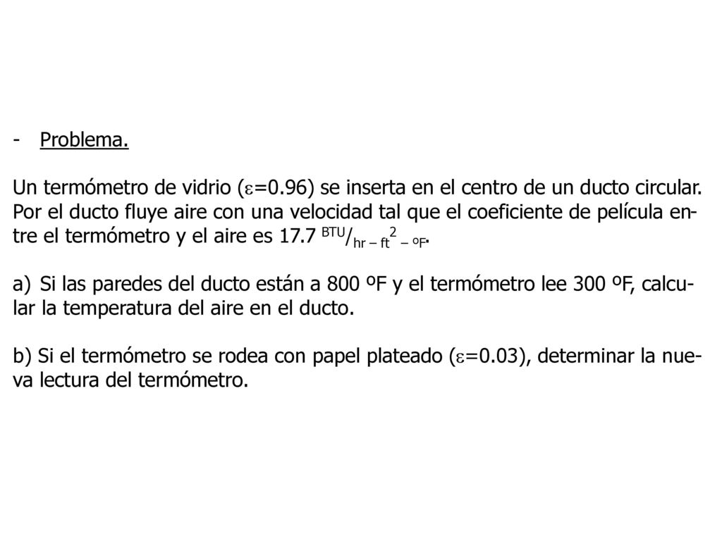Problema. Un termómetro de vidrio (=0.96) se inserta en el centro de un ducto circular.