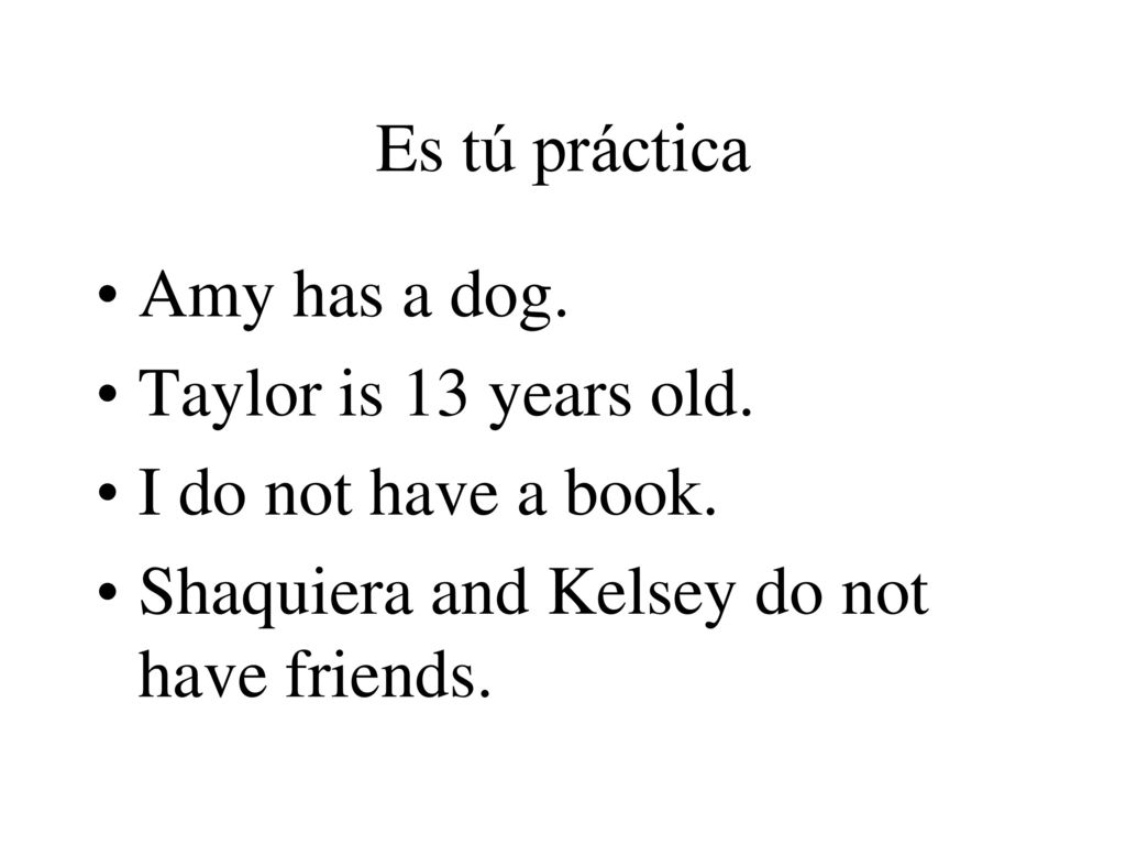 Es tú práctica Amy has a dog. Taylor is 13 years old.