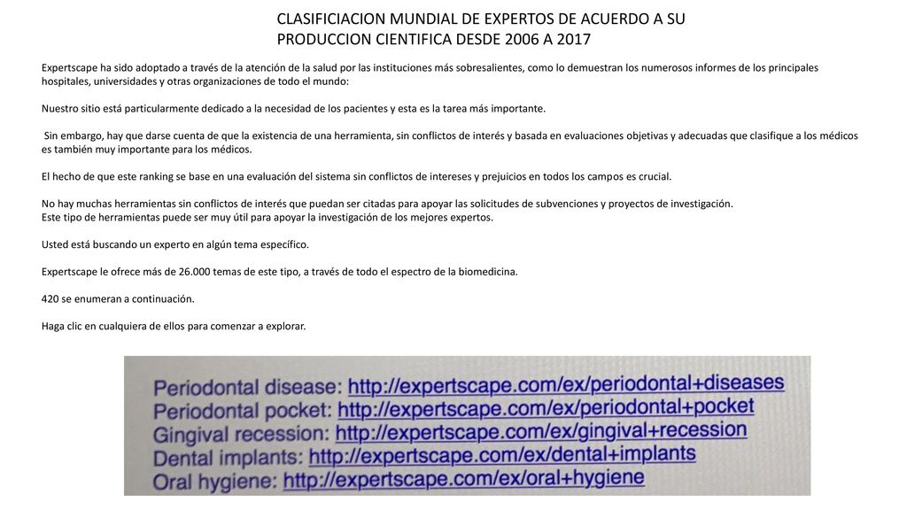CLASIFICIACION MUNDIAL DE EXPERTOS DE ACUERDO A SU PRODUCCION CIENTIFICA DESDE 2006 A 2017