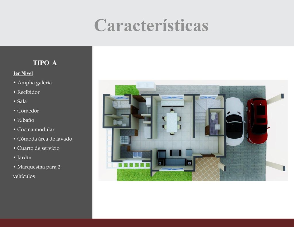 Características TIPO A 1er Nivel • Amplia galería • Recibidor • Sala