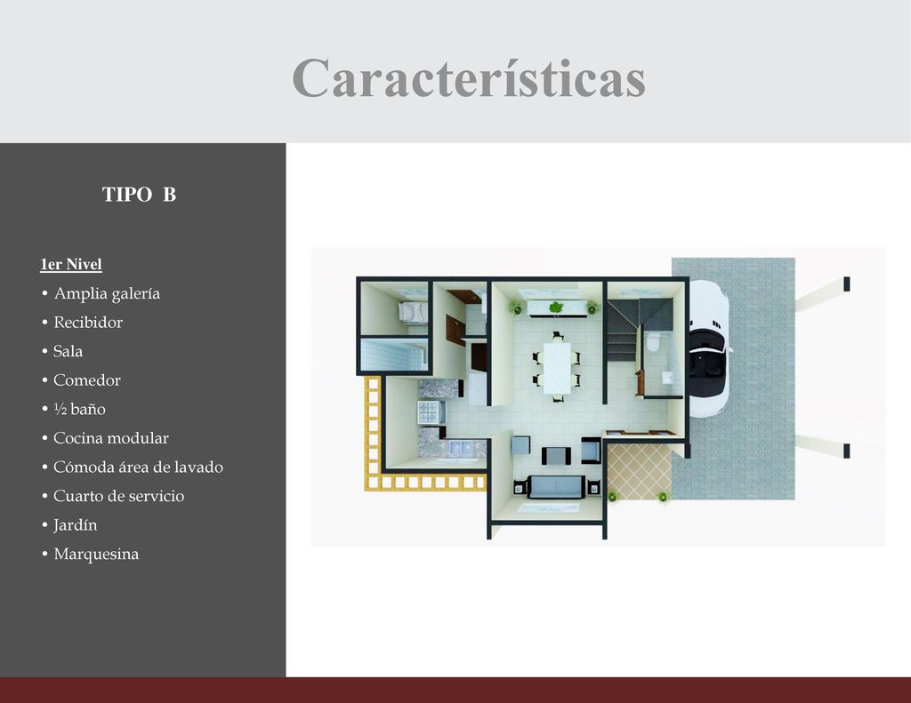 Características TIPO B 1er Nivel • Amplia galería • Recibidor • Sala