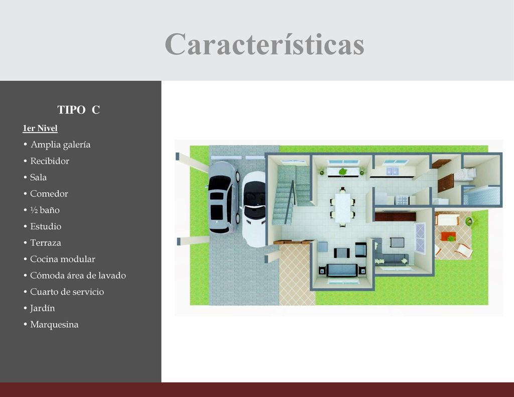 Características TIPO C 1er Nivel • Amplia galería • Recibidor • Sala