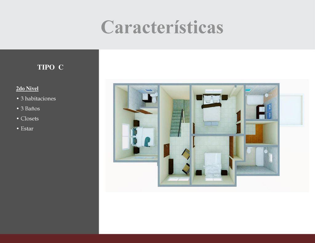 Características TIPO C 2do Nivel • 3 habitaciones • 3 Baños • Closets