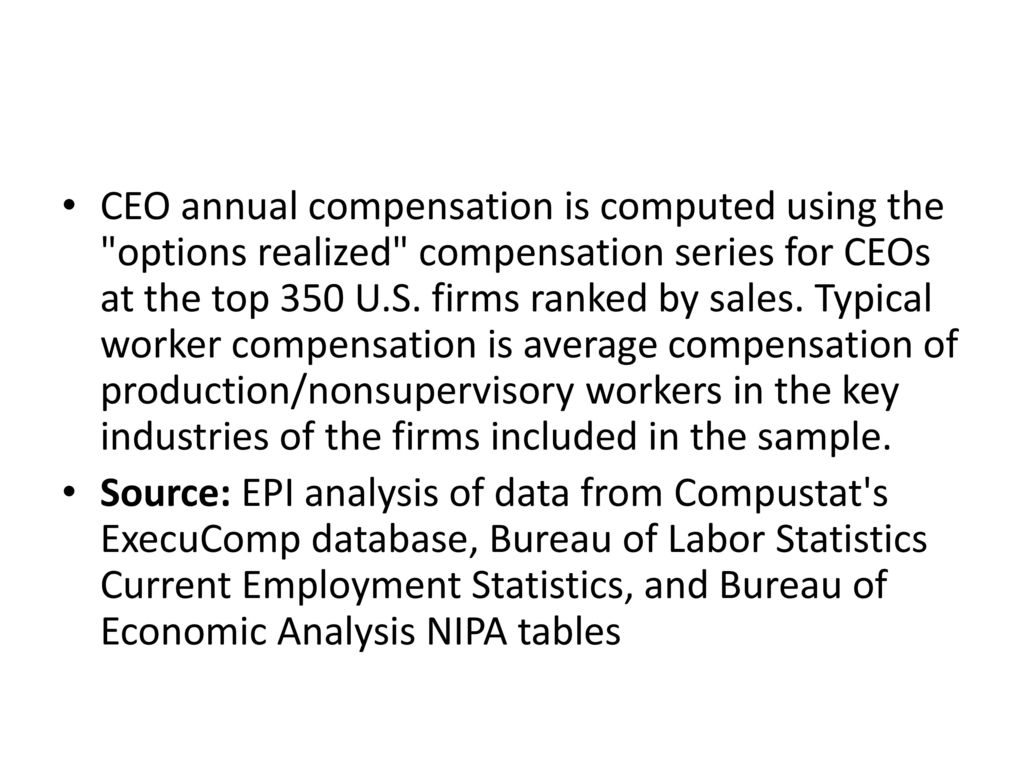 CEO annual compensation is computed using the options realized compensation series for CEOs at the top 350 U.S. firms ranked by sales. Typical worker compensation is average compensation of production/nonsupervisory workers in the key industries of the firms included in the sample.