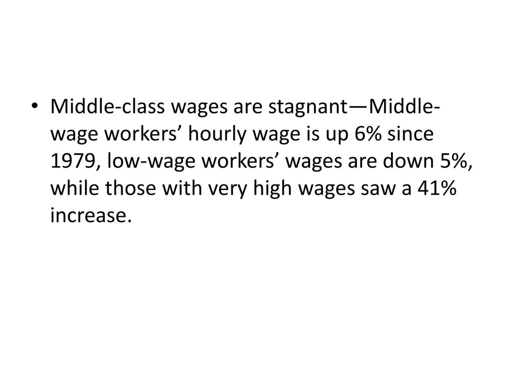 Middle-class wages are stagnant—Middle-wage workers’ hourly wage is up 6% since 1979, low-wage workers’ wages are down 5%, while those with very high wages saw a 41% increase.