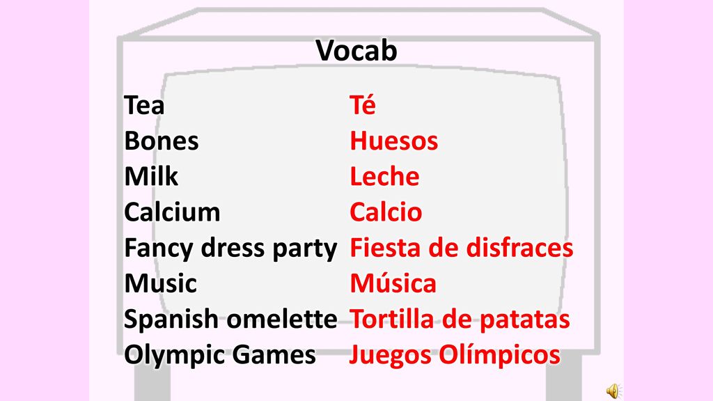 Vocab Tea Bones Milk Calcium Fancy dress party Music Spanish omelette