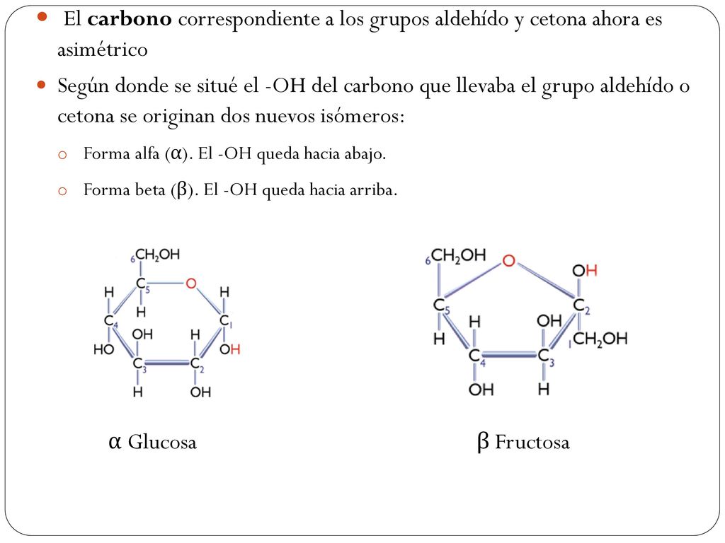El carbono correspondiente a los grupos aldehído y cetona ahora es asimétrico