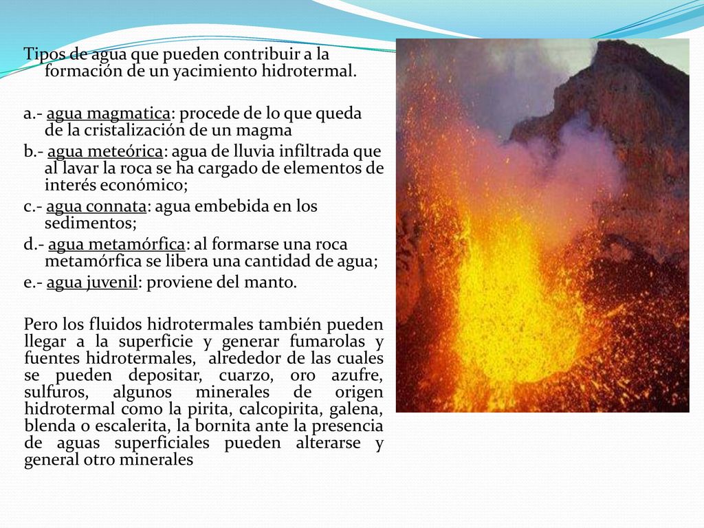 Tipos de agua que pueden contribuir a la formación de un yacimiento hidrotermal.