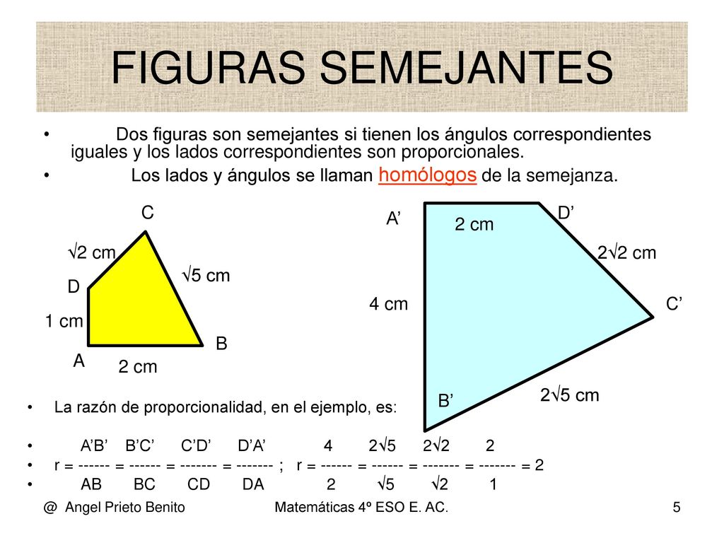 FIGURAS SEMEJANTES Dos figuras son semejantes si tienen los ángulos correspondientes iguales y los lados correspondientes son proporcionales.