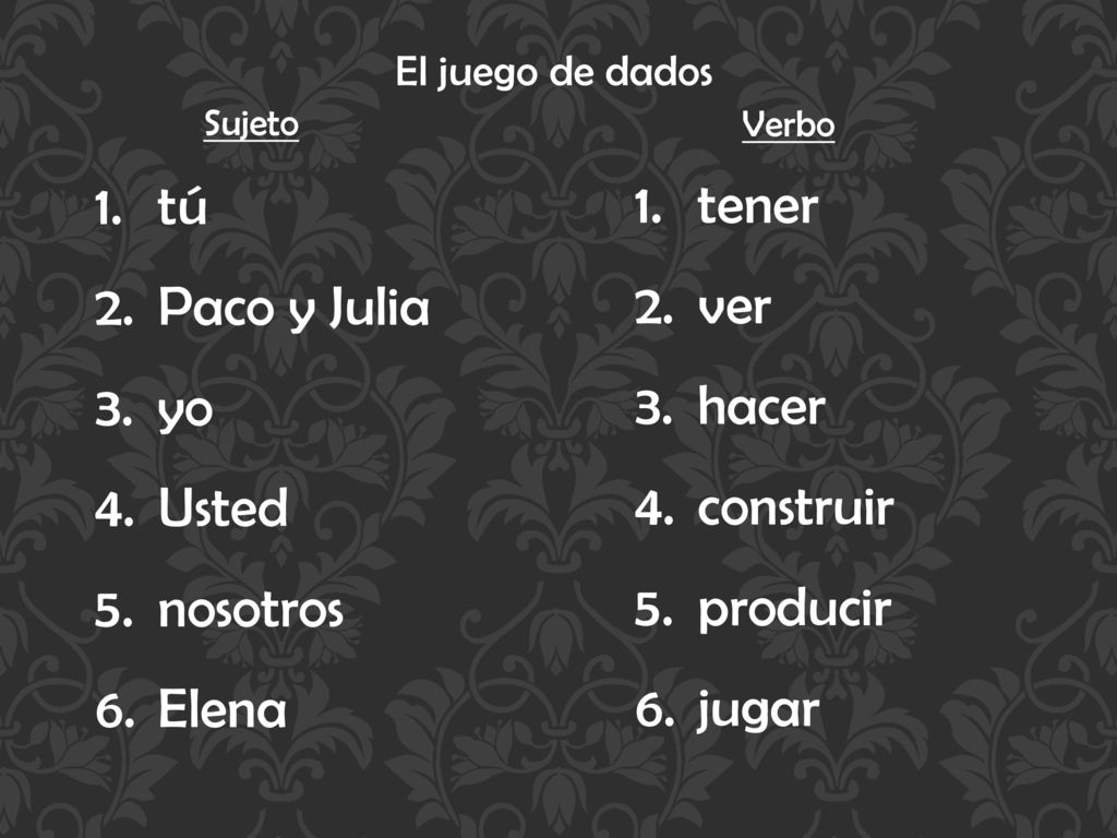 tú tener Paco y Julia ver yo hacer Usted construir nosotros producir