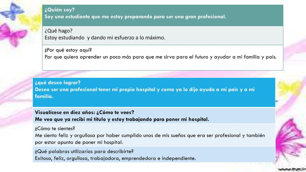 ¿Quién soy Soy una estudiante que me estoy preparando para ser una gran profesional. ¿Qué hago Estoy estudiando y dando mi esfuerzo a lo máximo.