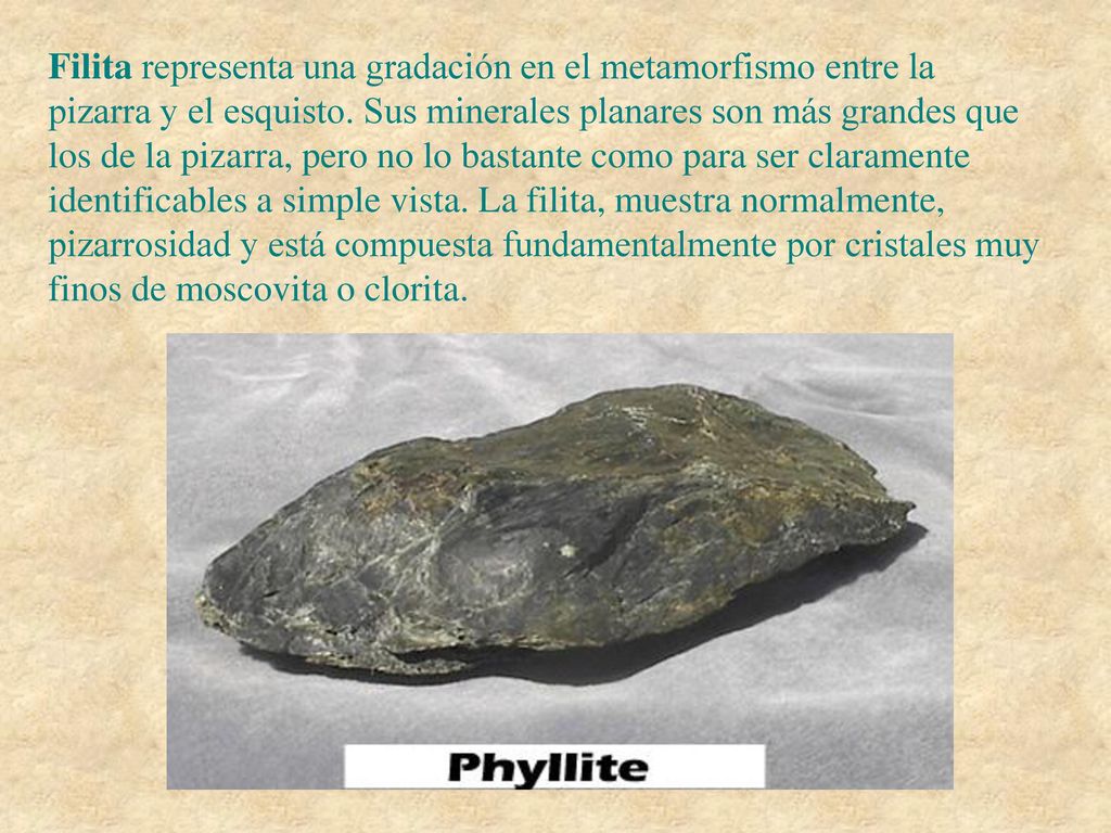 Filita representa una gradación en el metamorfismo entre la pizarra y el esquisto.