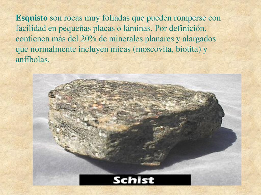 Esquisto son rocas muy foliadas que pueden romperse con facilidad en pequeñas placas o láminas.