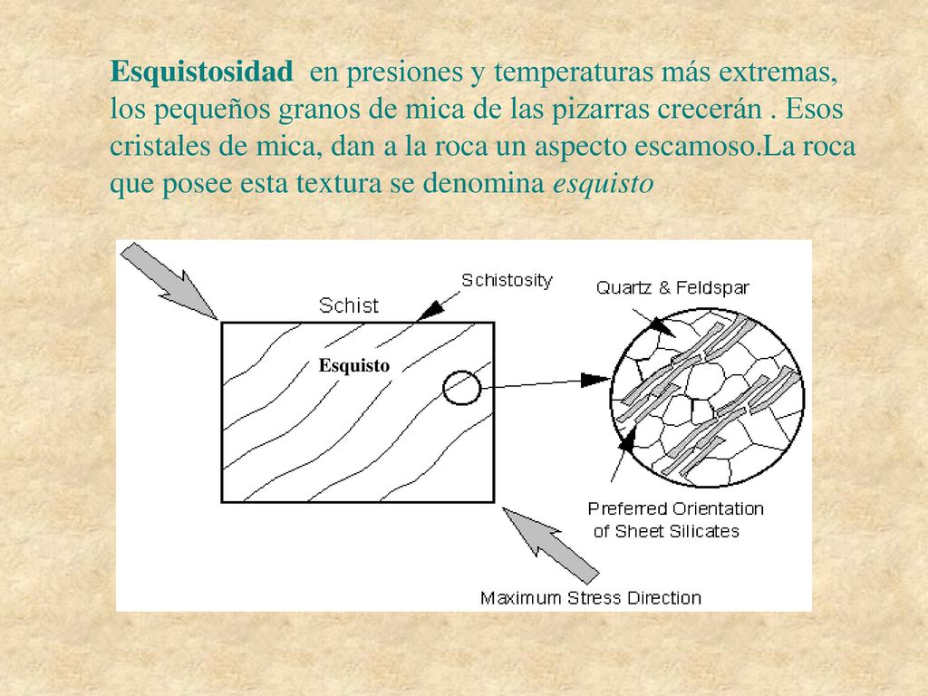 Esquistosidad en presiones y temperaturas más extremas, los pequeños granos de mica de las pizarras crecerán . Esos cristales de mica, dan a la roca un aspecto escamoso.La roca que posee esta textura se denomina esquisto