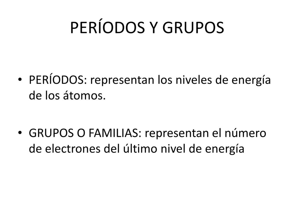 PERÍODOS Y GRUPOS PERÍODOS: representan los niveles de energía de los átomos.